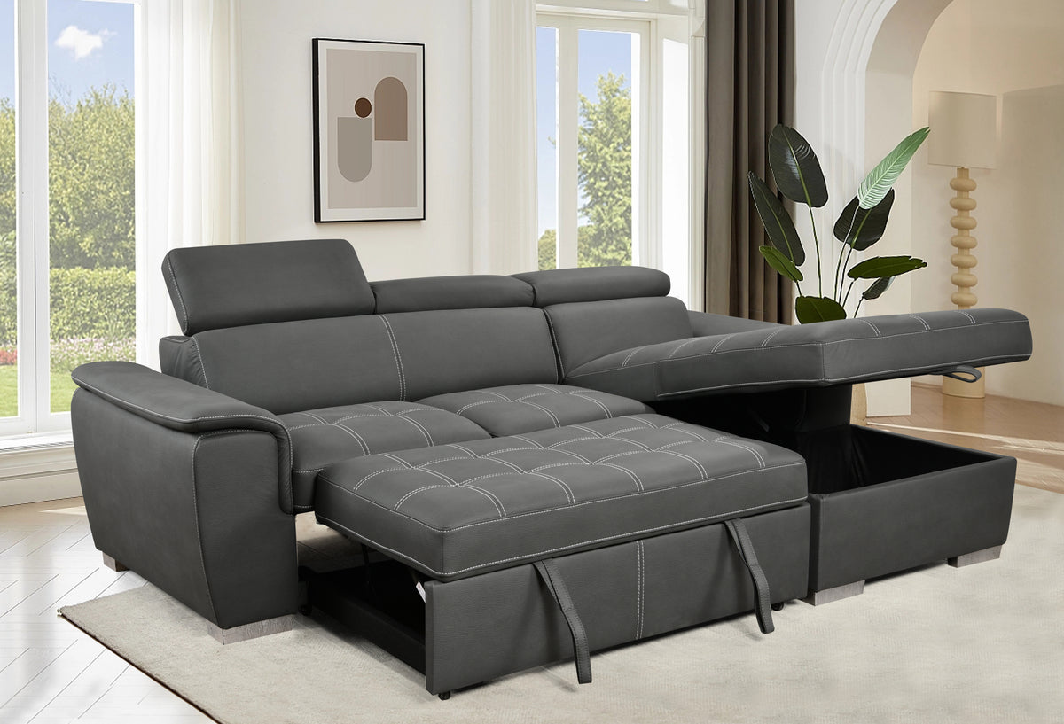 97 Inch Convertible Sectional Sofa with Storage Chaise Adjustable Headrests L-Shaped Sleeper with Pull-Out Bed In Gray