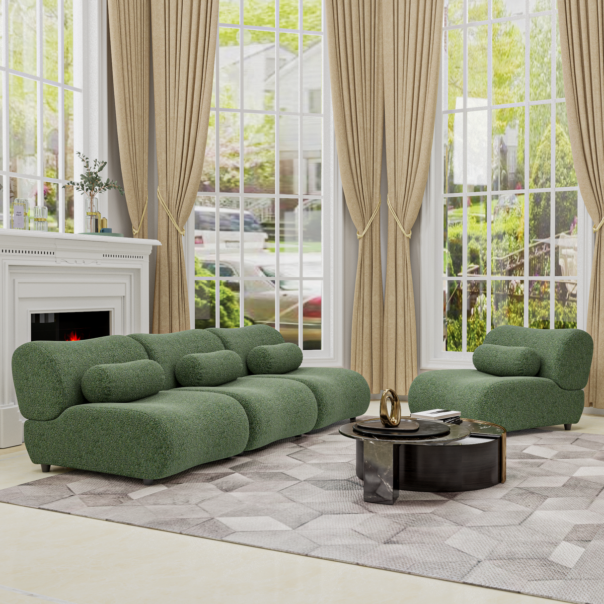 4-Seater Modular Chenille Sofa In Versatile &amp; Comfortable Green With Cylindrical Pillows