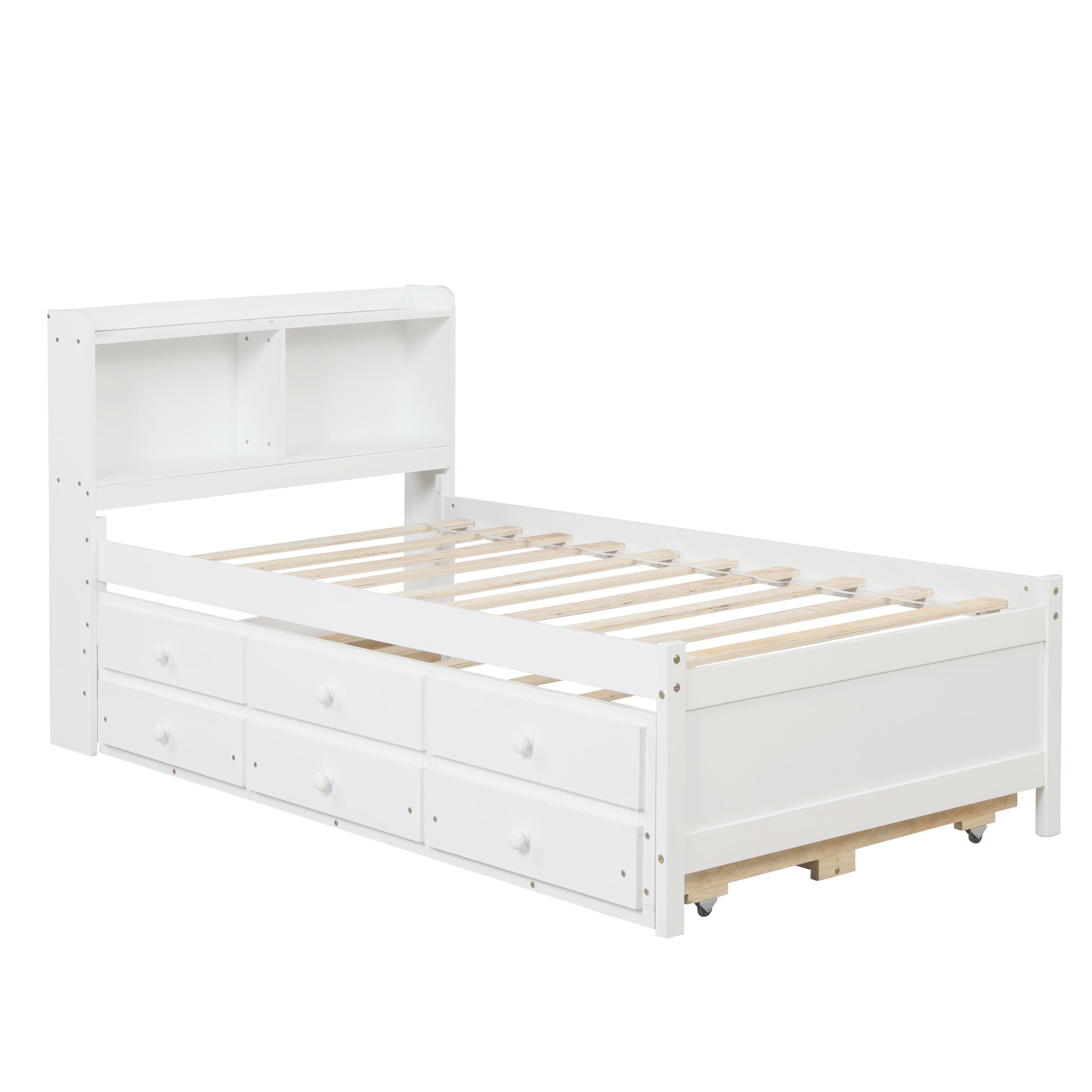 White Twin Bed with Bookcase, Trundle, and Drawers