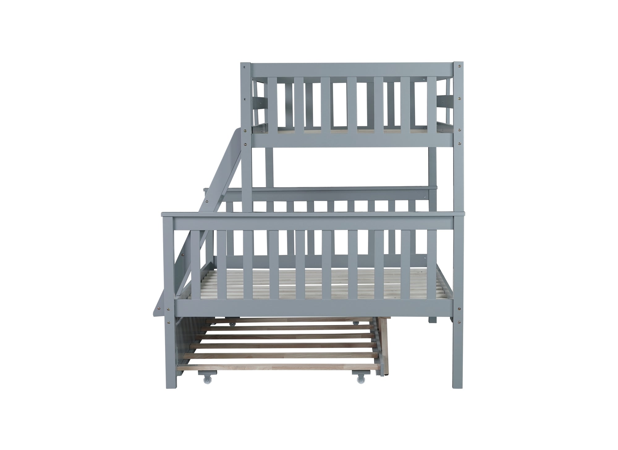 Convertible Gray Twin Over Full Rubber Wood Bunk Bed with Trundle