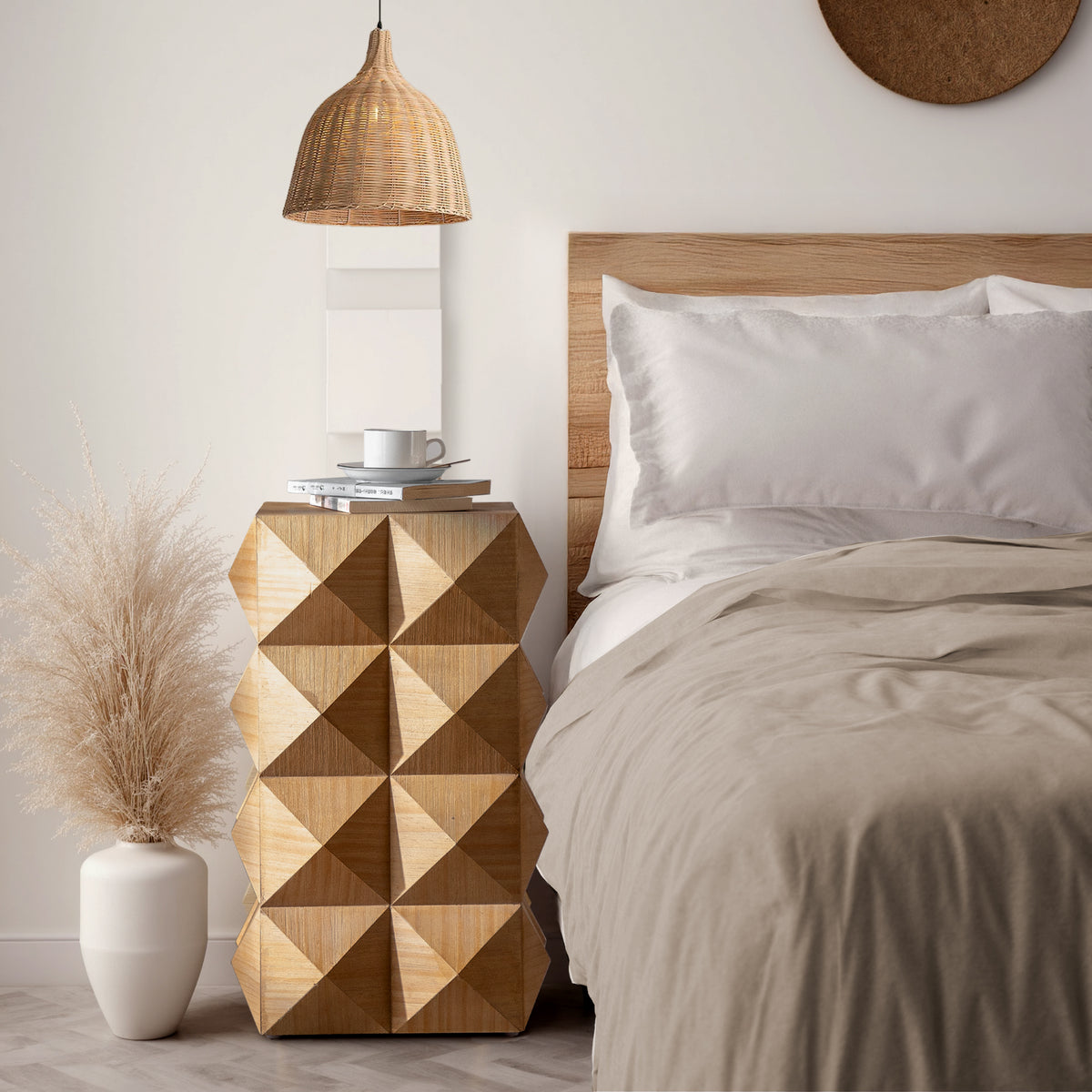 24" Natural Wood Tone Embossed Retro Side Table &amp; Nightstand