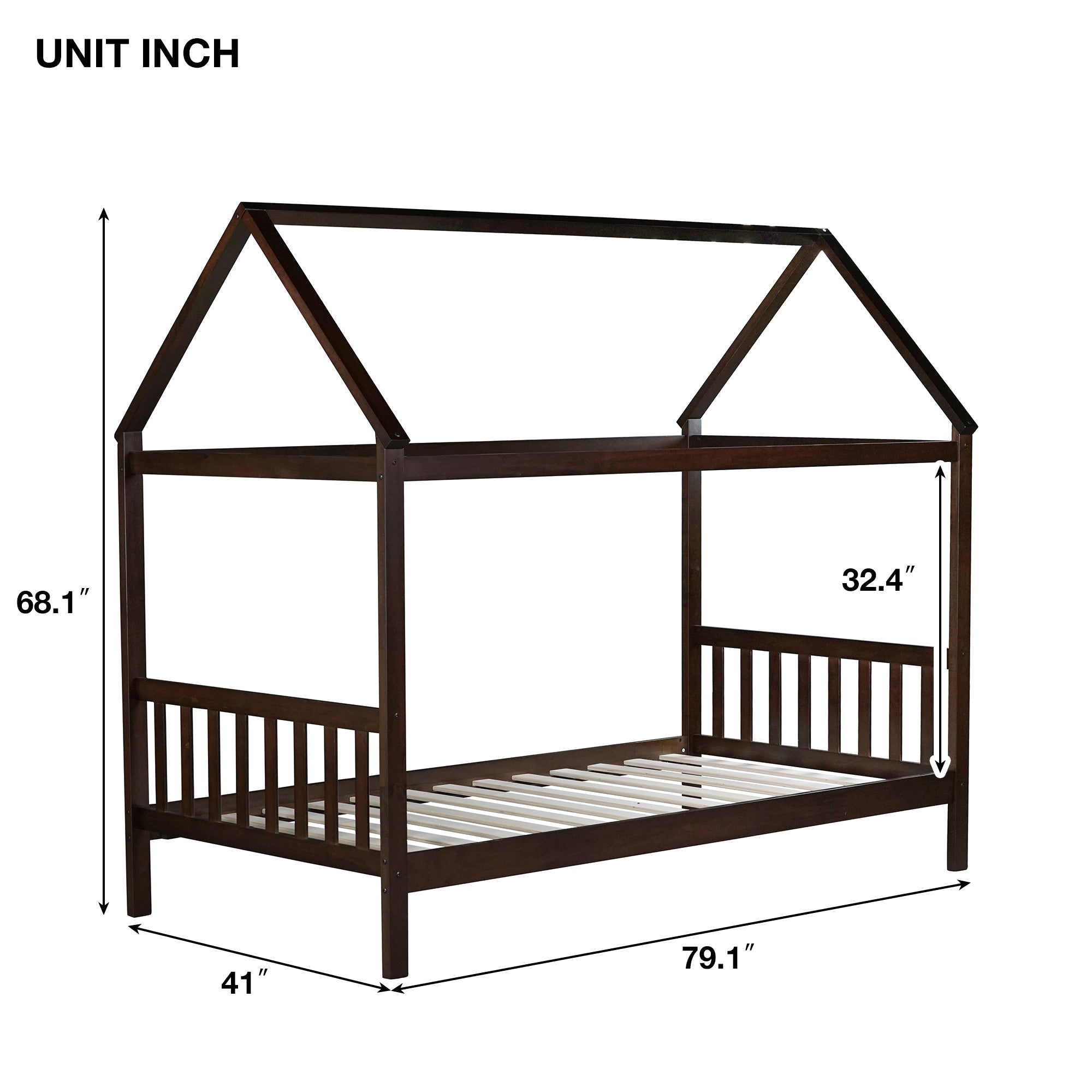 Espresso Twin Rubber Wood House Bed with Headboard and Footboard