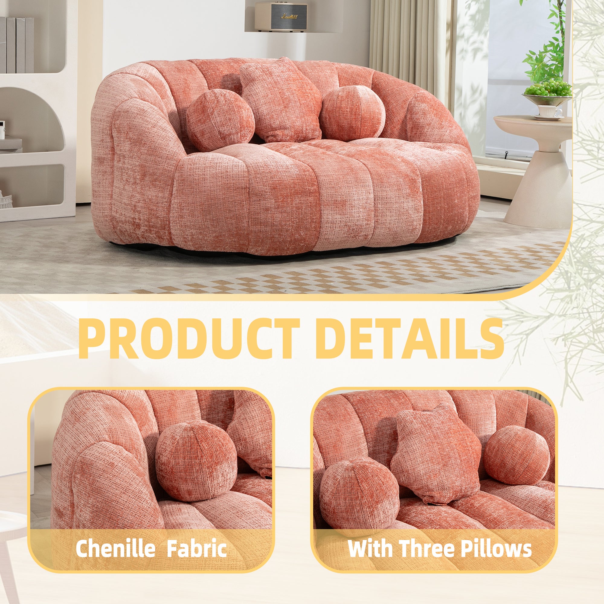 Pink Chenille Bean Shape 2-Seater Lazy Sofa