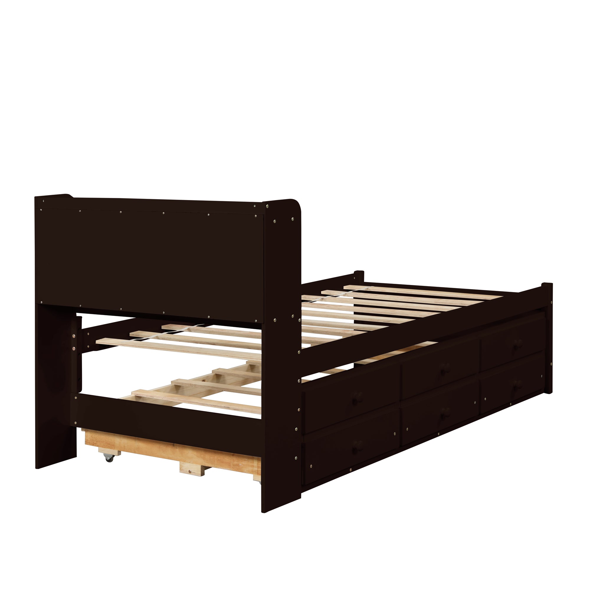 Twin Size Bed with Storage Integrated Headboard, Trundle & Drawers in Espresso