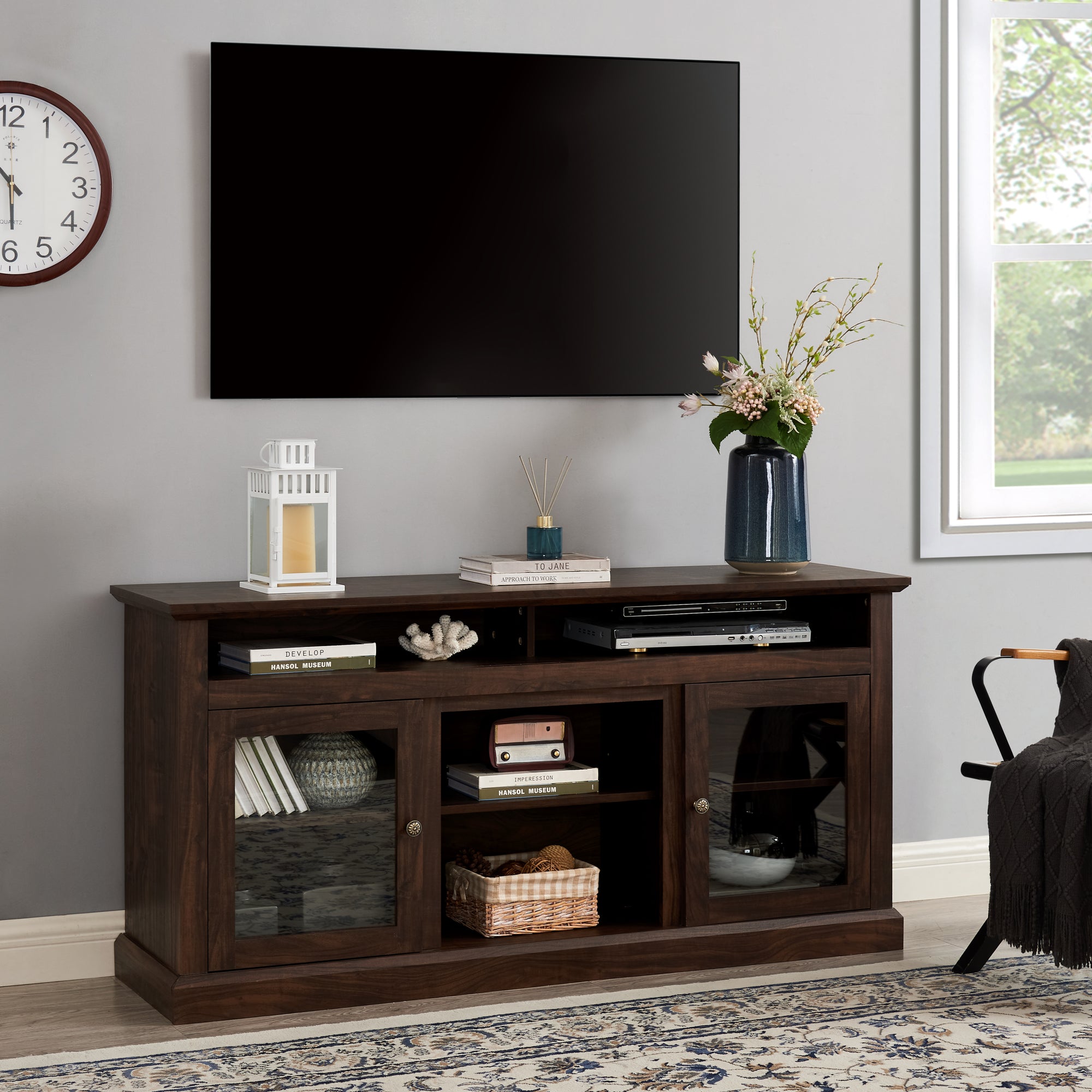 Contemporary TV Media Stand Modern Console For TV Up To 65 In Open Closed Storage Space In Brown