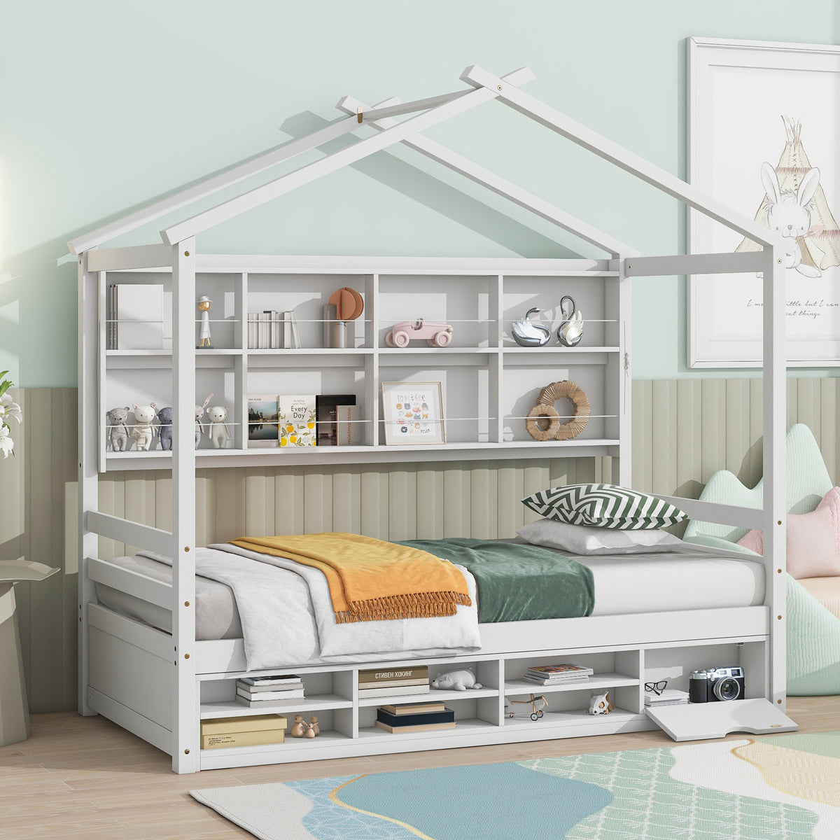 Twin Bed with Roof, Bedside Shelves, and Under-Bed Storage in White