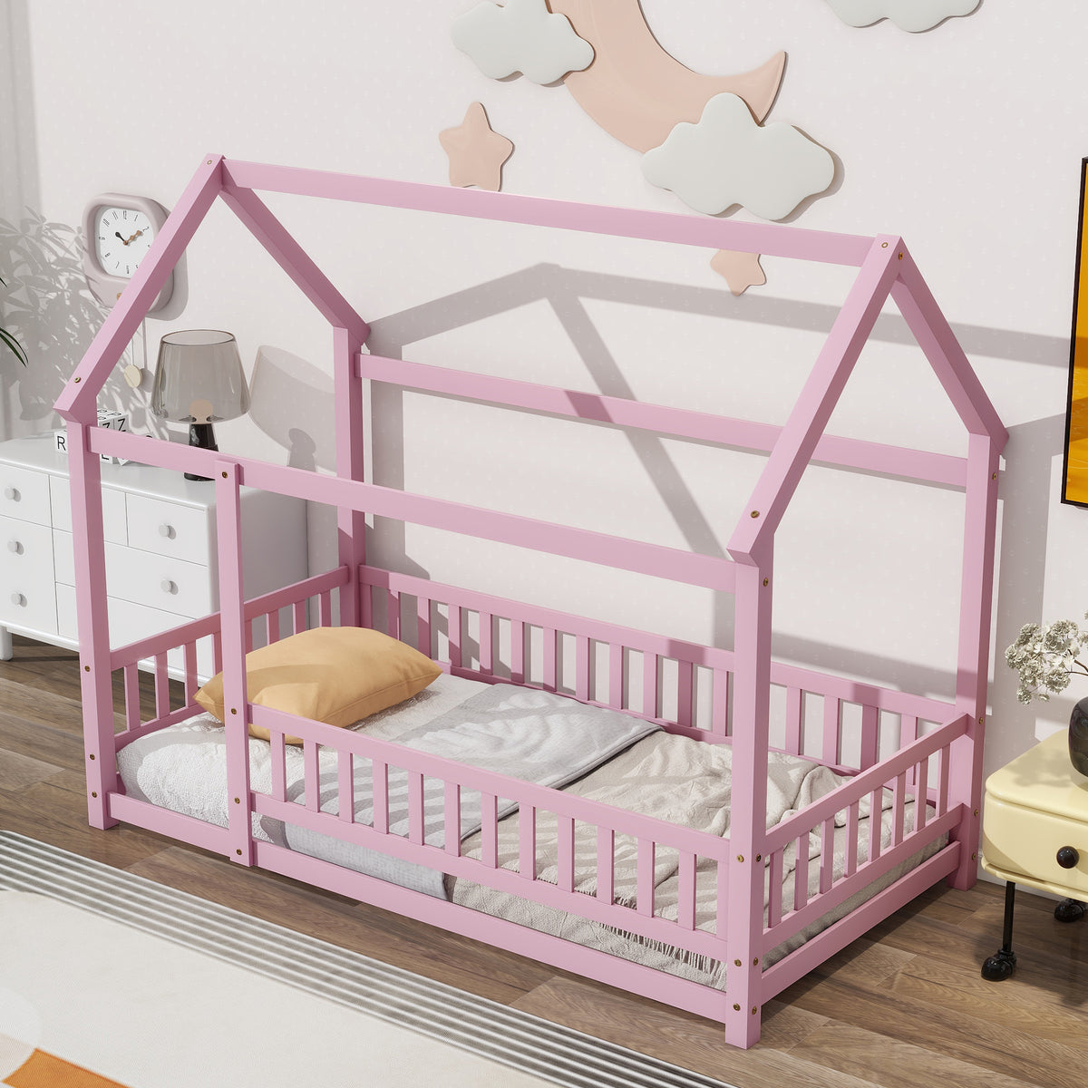 Pink Twin Size Toddler Floor Wooden Bed with House Roof Frame and Fence Guardrails