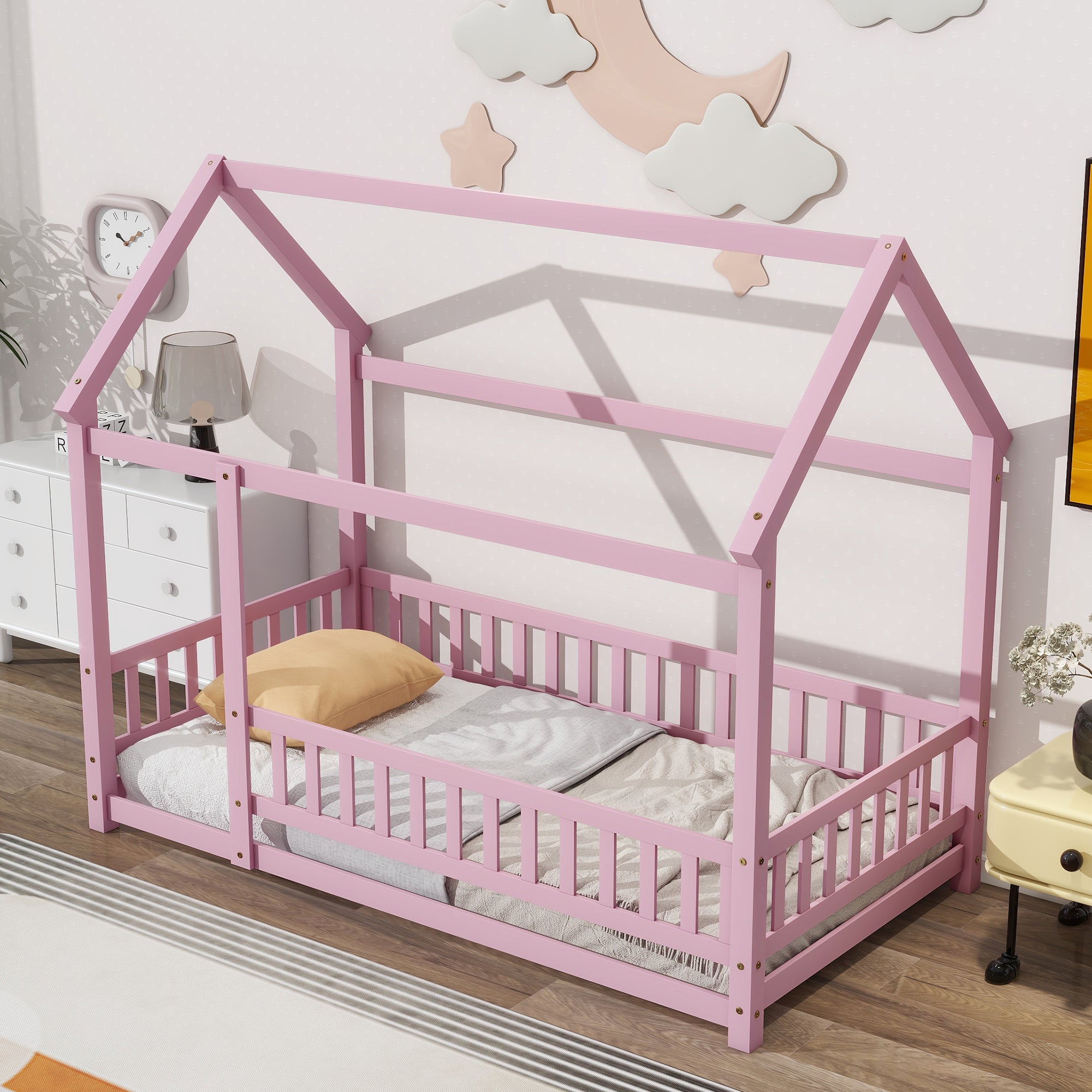 Pink Twin Size Floor Wooden Bed with House Roof Frame and Fence Guardrails