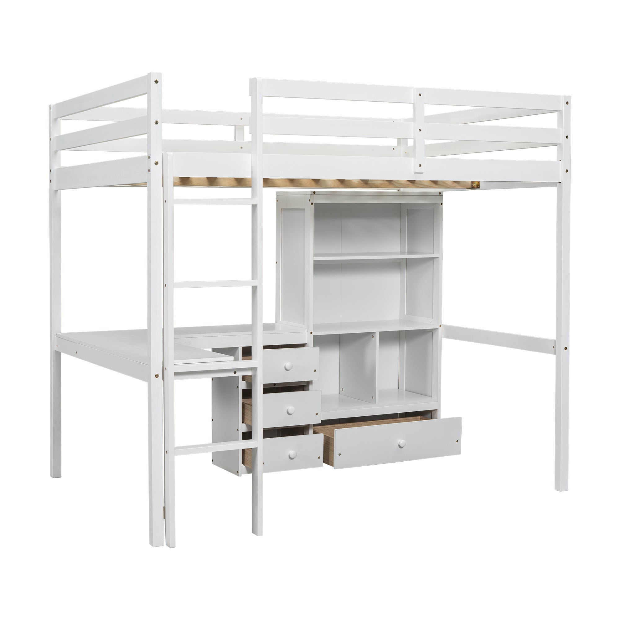 White Full Size Loft Bed with Desk, Storage Shelves, Drawers, and Built-in Ladder