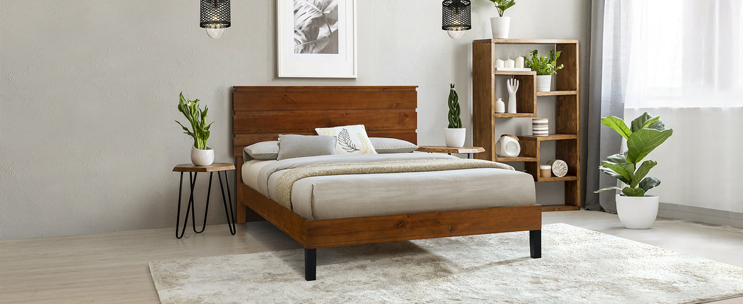 Queen Size Mid-Century Modern Solid Pinewood Bed Frame