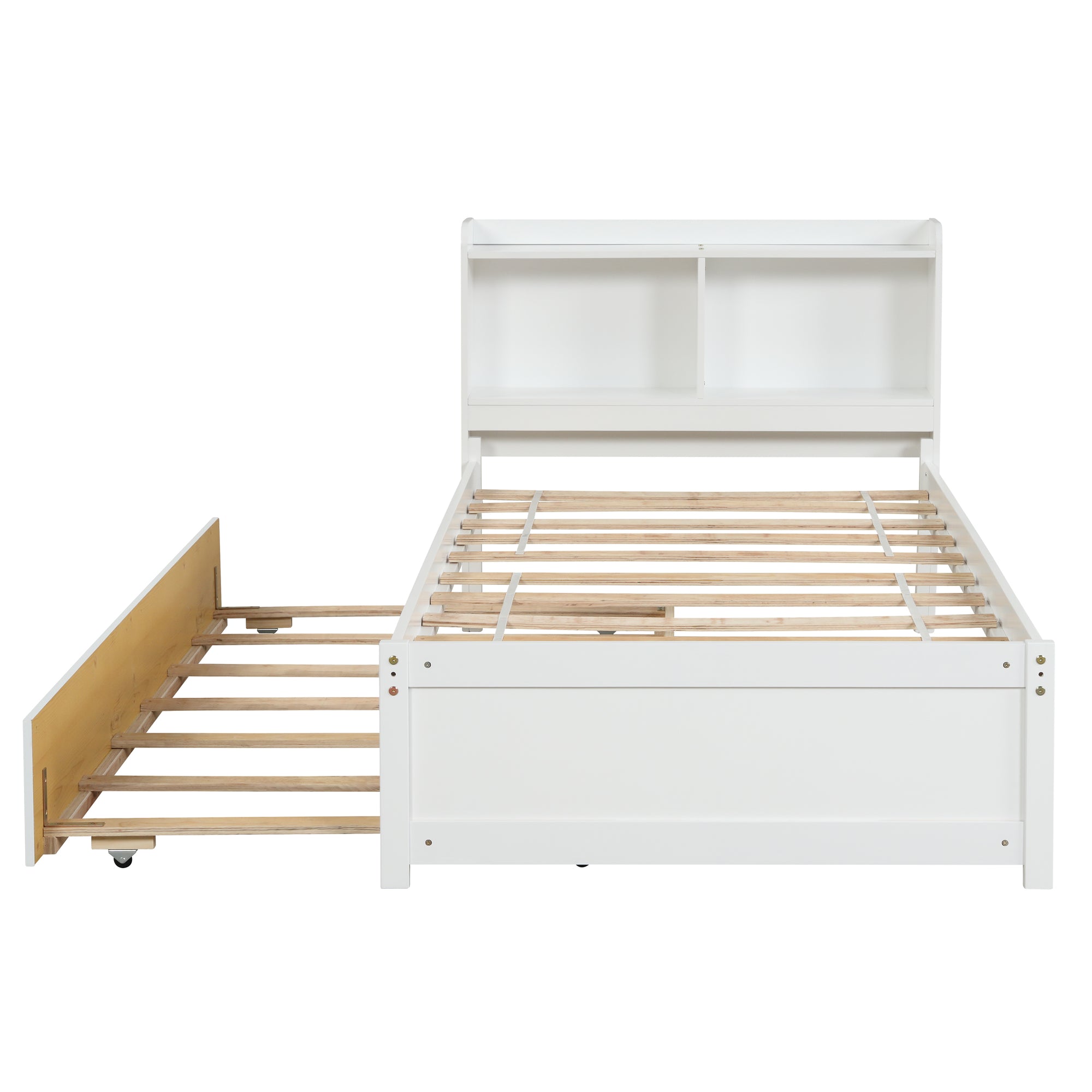 White Twin Bed with Trundle and Storage Headboard