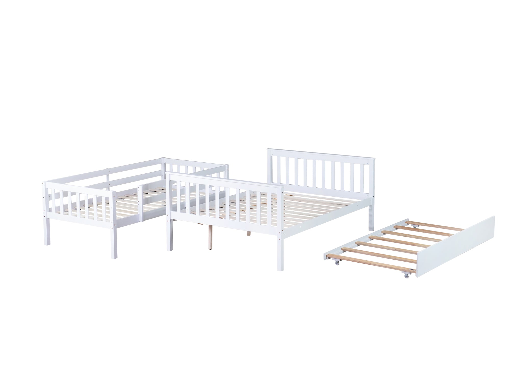 White Twin Over Full Rubber Wood Bunk Bed with Trundle, Detachable Ladder, and Guardrails