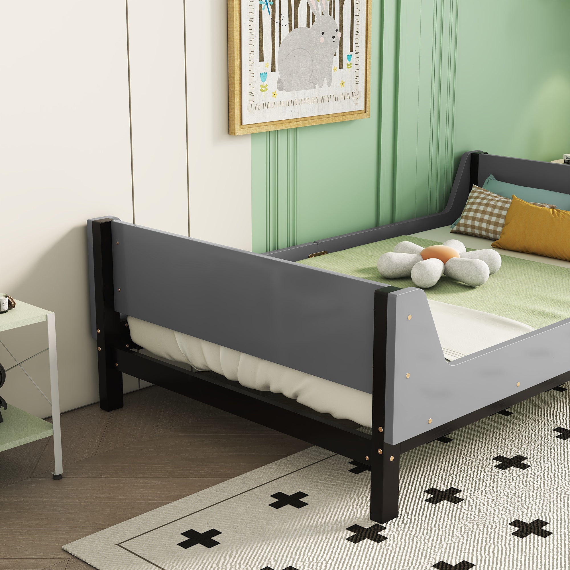 Gray Twin Bed with Headboard, Footboard, Safeguards, and Built-in Book Storage Rack