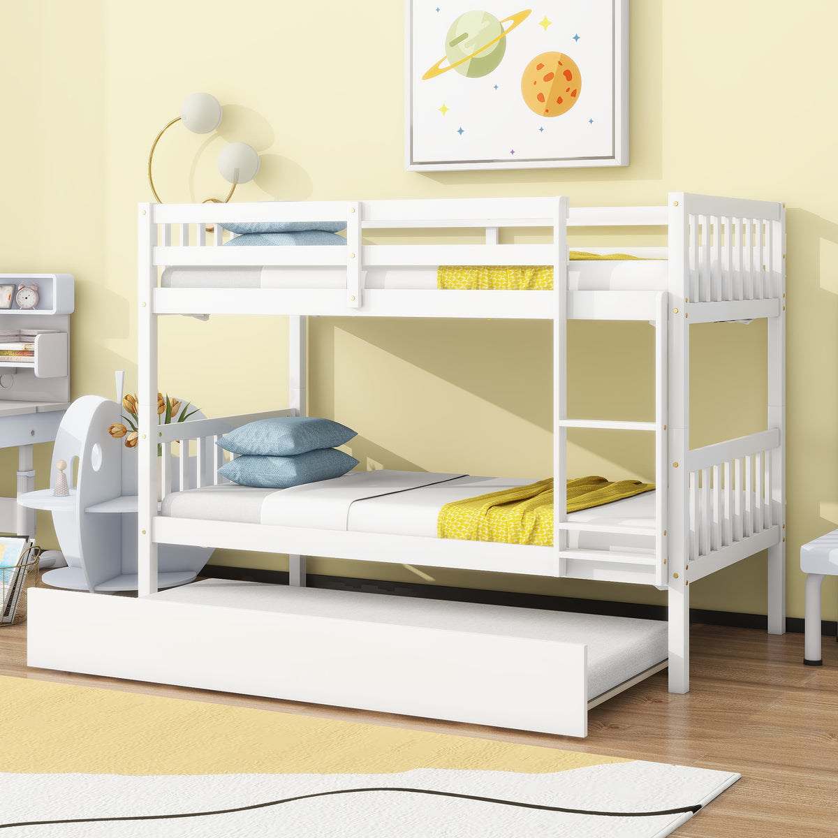 Convertible Twin Over Twin Rubber Wood Bunk Bed with Trundle