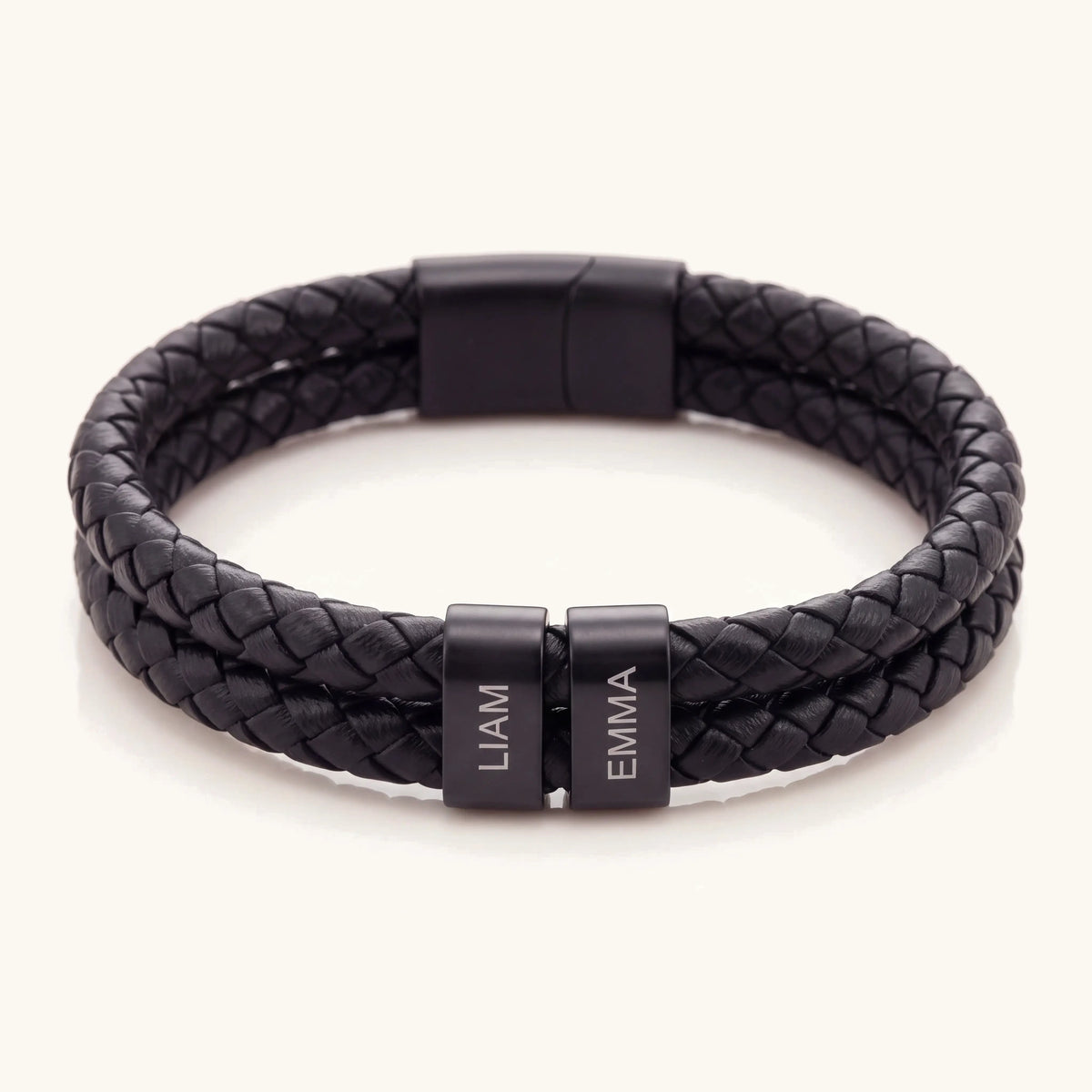 Minimal personalized name leather bracelet in black with engraved gold name bar