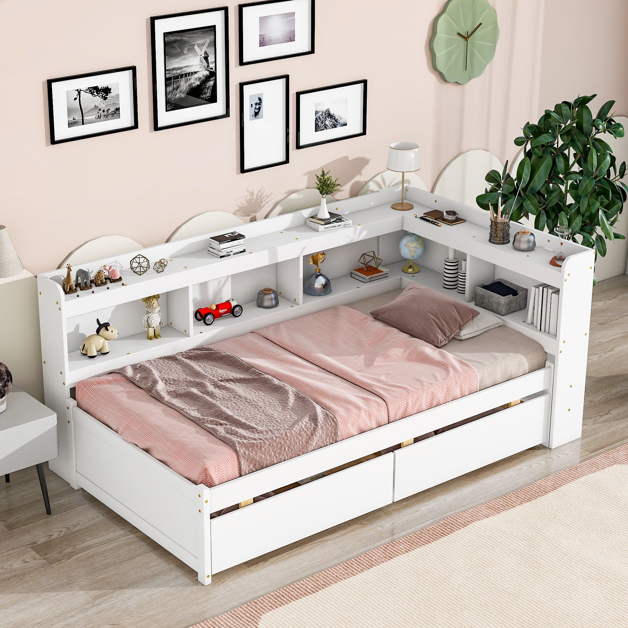 White Twin Bed with L-Shaped Bookcases and Storage Drawers