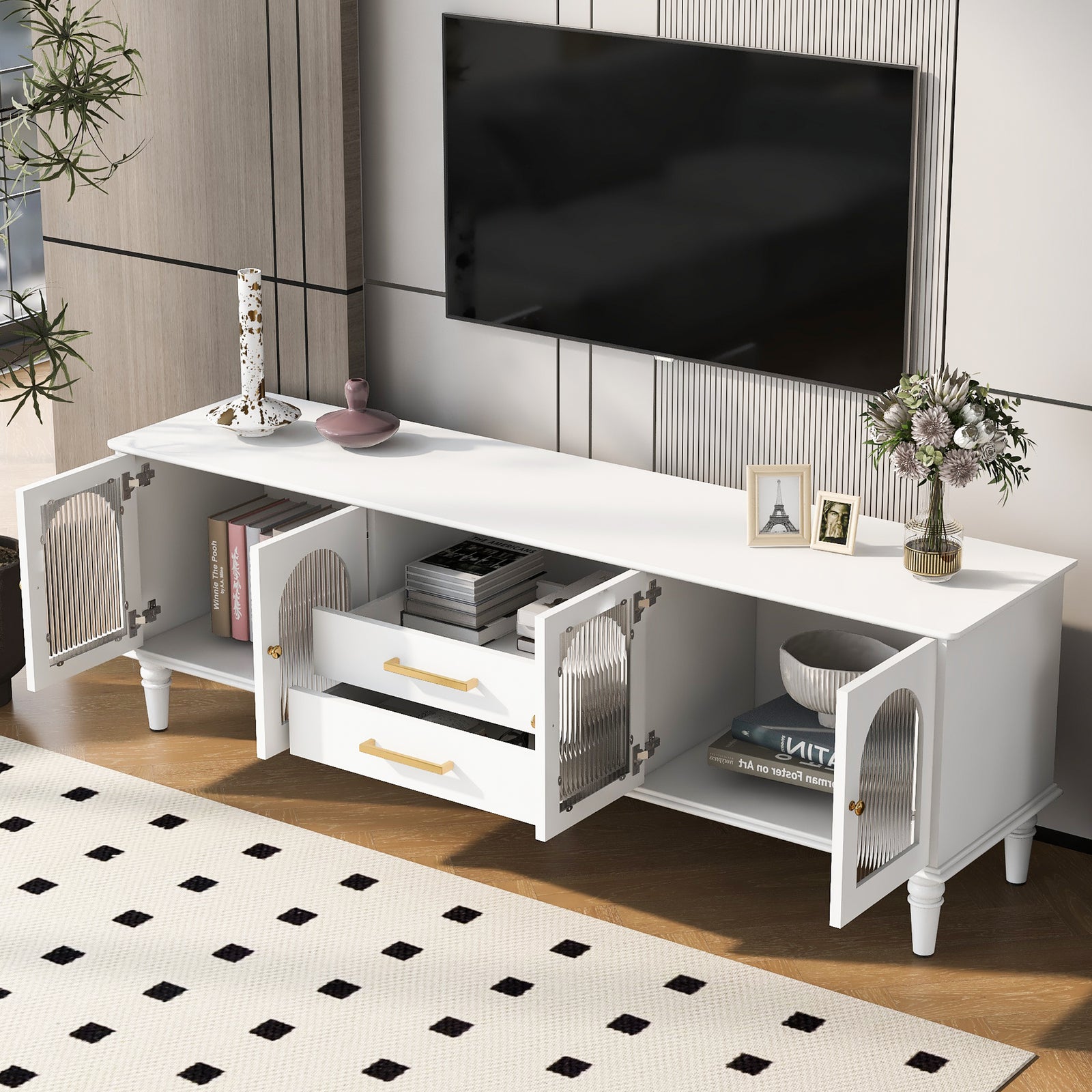 70" White Retro TV Stand for TVs Up to 75" with Fluted Glass Doors & Solid Wood Legs