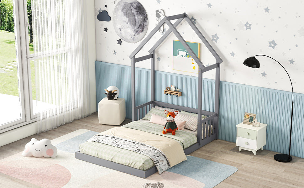 Gray Full Roof-Framed Headboard Toddler Floor Bed