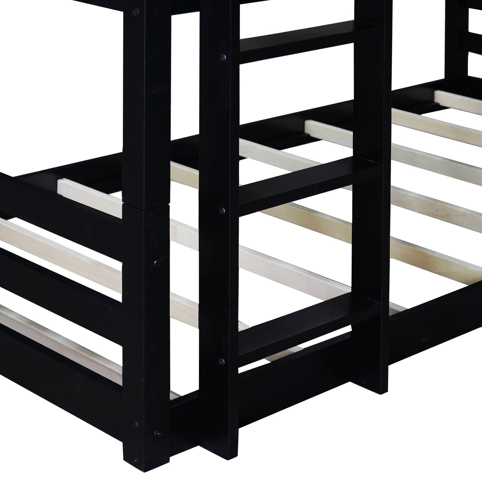 Black Triple Rubber Wood Bunk Bed with Built-In Ladders and Guardrails