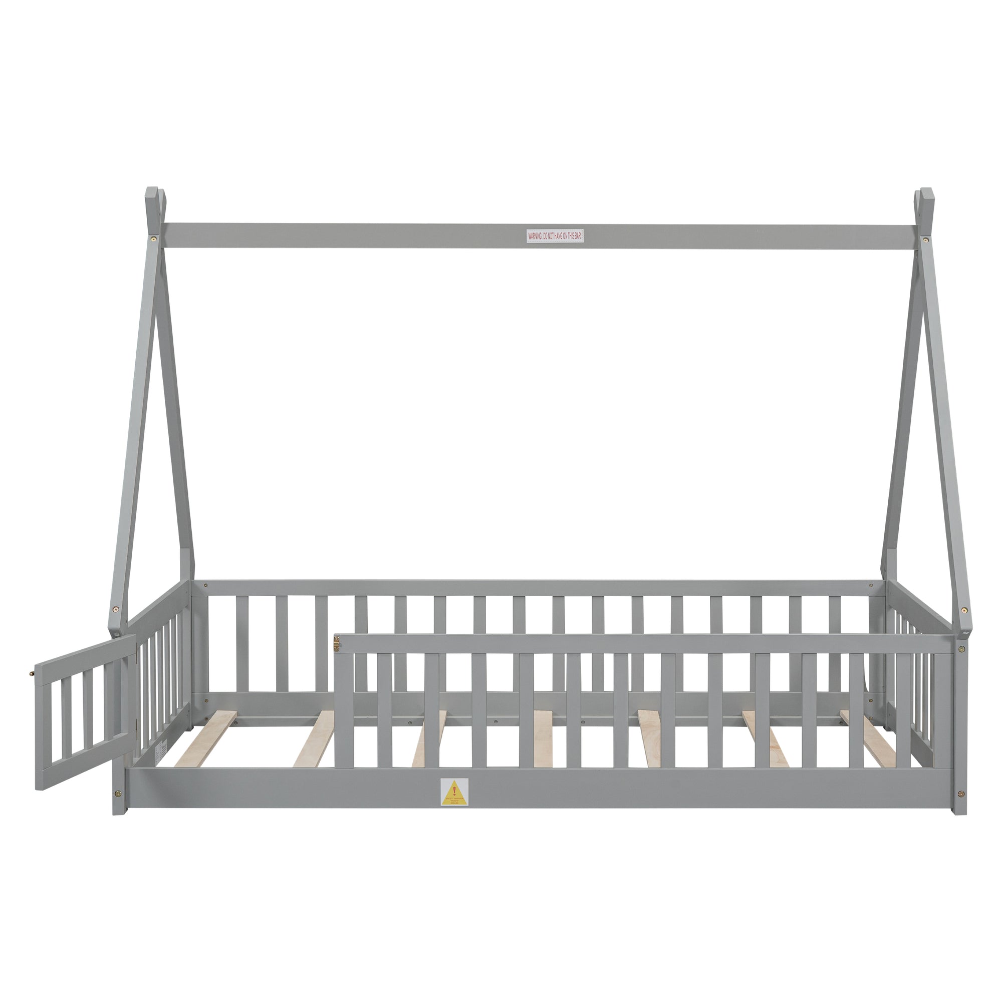 Gray Twin Tent-Shaped Toddler Floor Bed with Guardrails, Slats, and Door