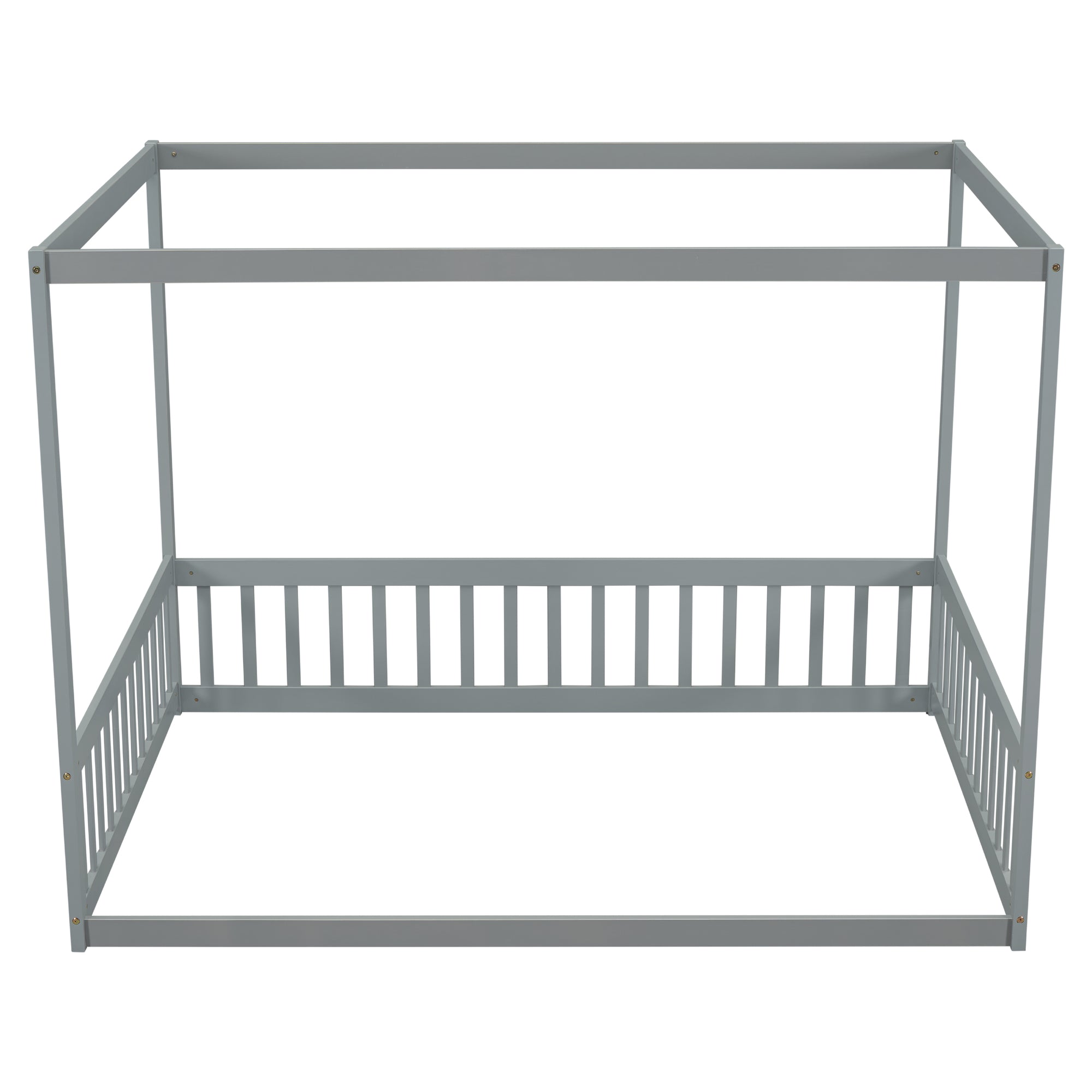 Full Size Canopy Frame Floor Bed with Fence and Guardrails in Gray