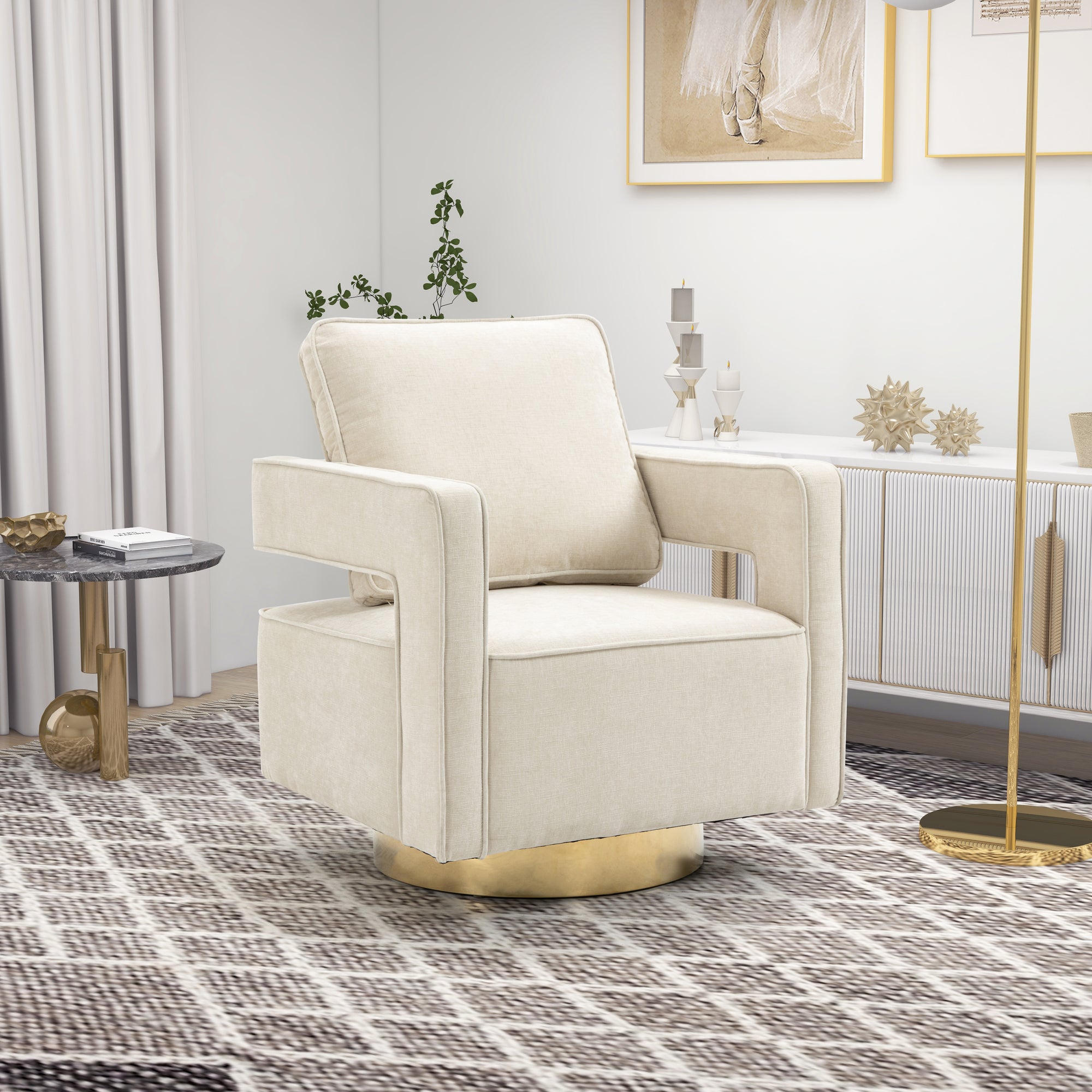 Open Back Beige Chenille Swivel Accent Chair With Gold Stainless Steel Base