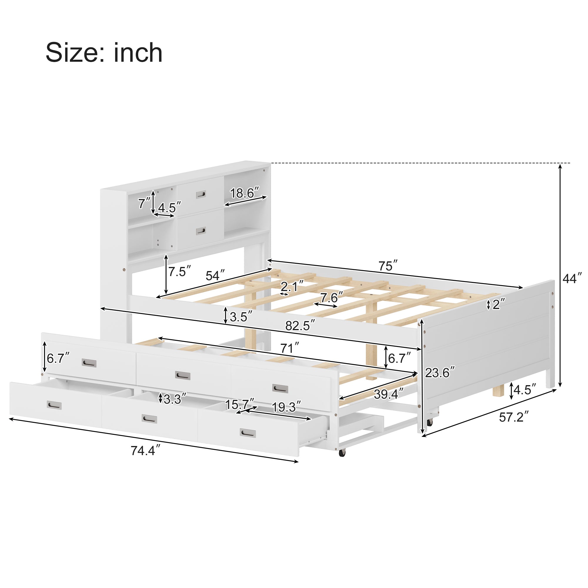 Full Bed with Trundle, Storage Drawers, and Shelved Headboard