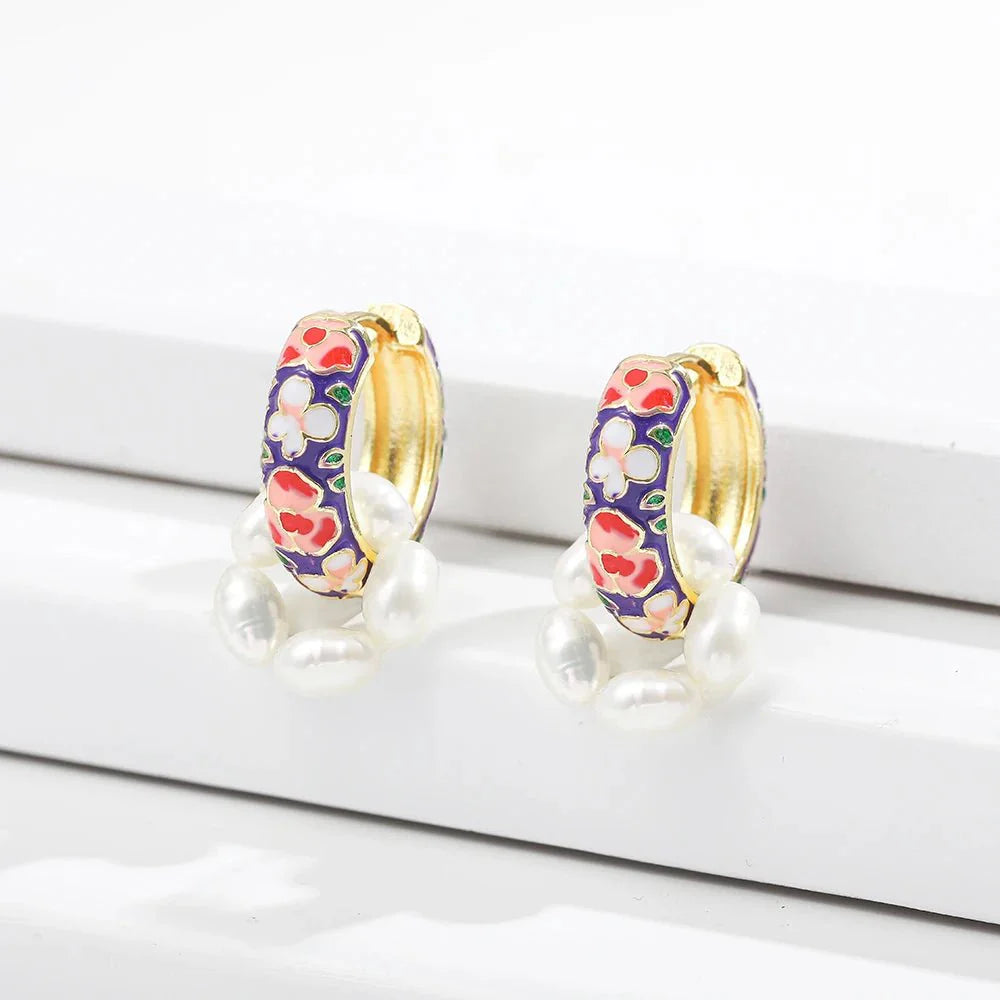 Floral Elegance Pearl Enamel Hoop Earrings