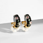 Load image into Gallery viewer, Floral Elegance Pearl Enamel Hoop Earrings
