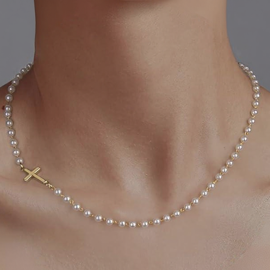 Dainty Faux Pearl Cross Station Choker Necklace
