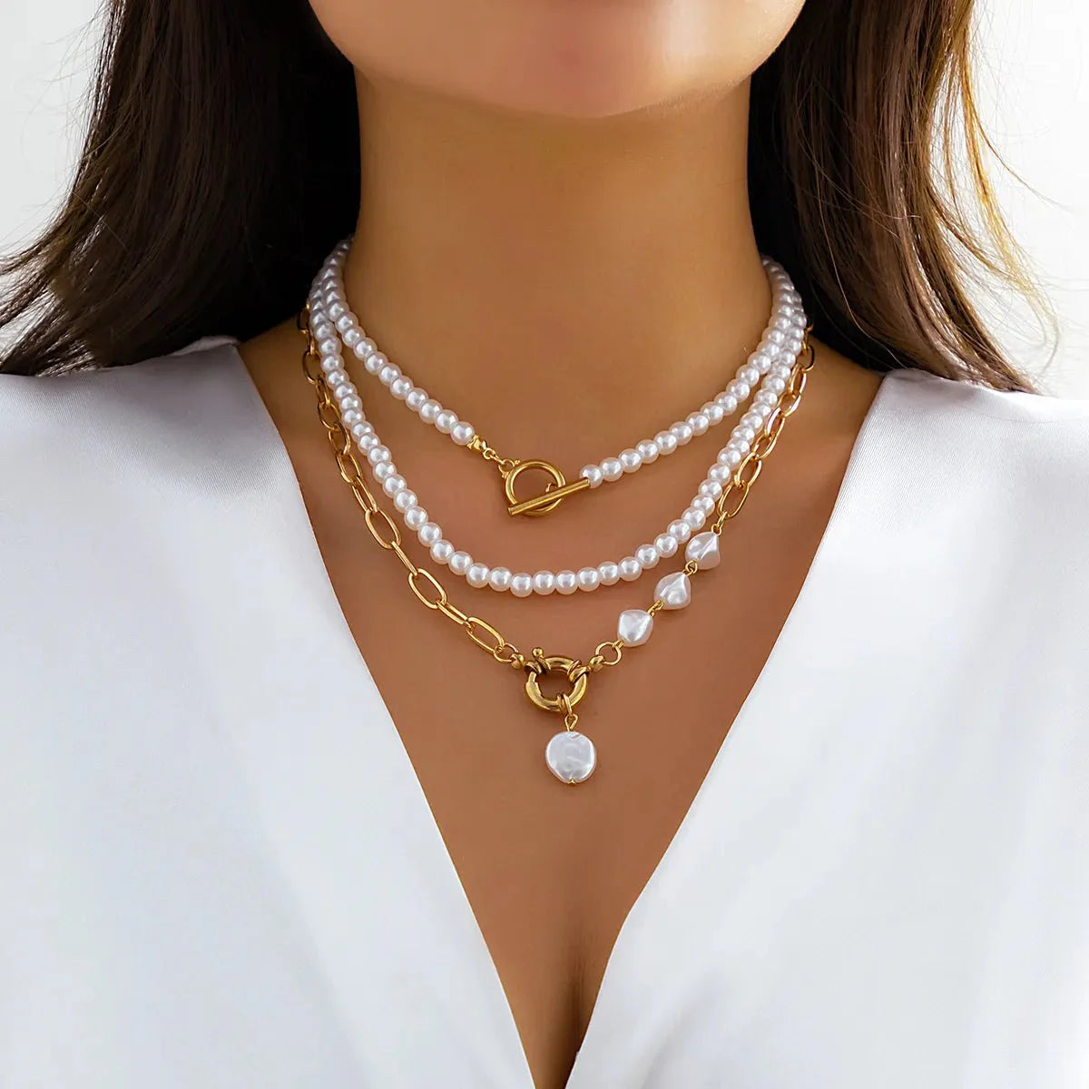 Gold beaded stacked necklaces 185376