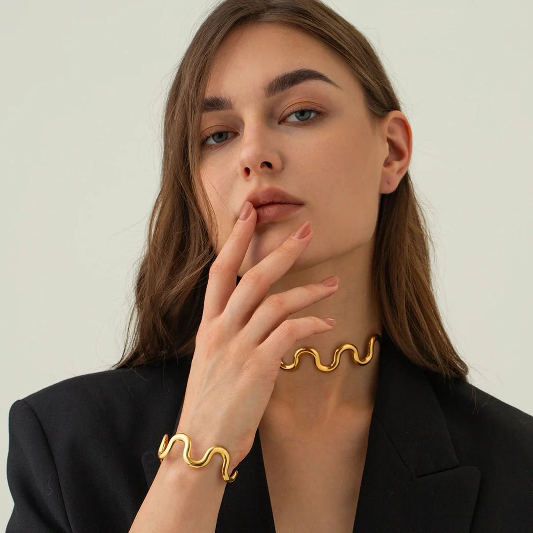 Gold Wavy Statement Bracelet and Necklace