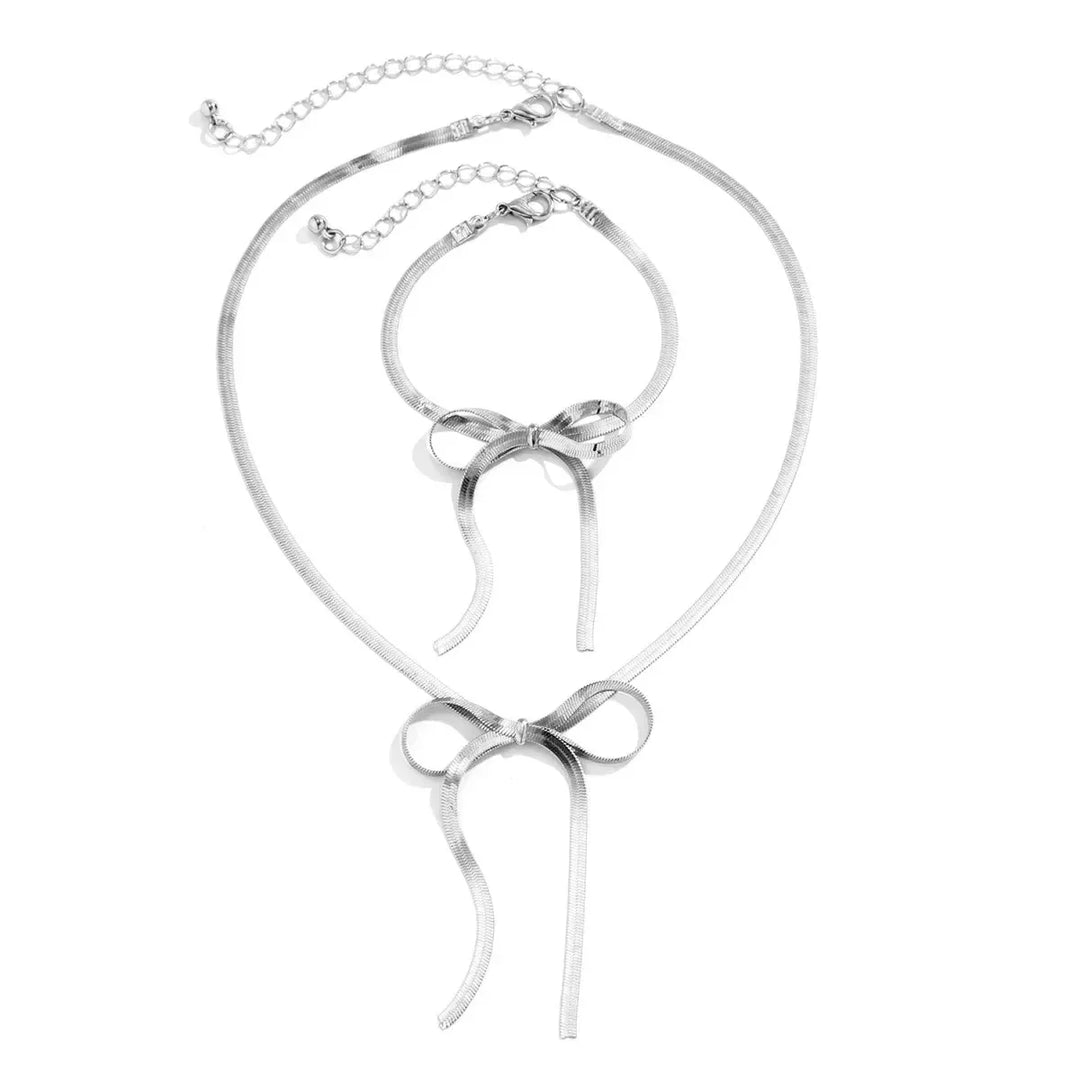Herringbone Chain Bow Necklace and Bracelet Set