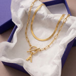 Load image into Gallery viewer, 2pc Paperclip Initial Toggle Clasp &amp; Herringbone Necklace Set
