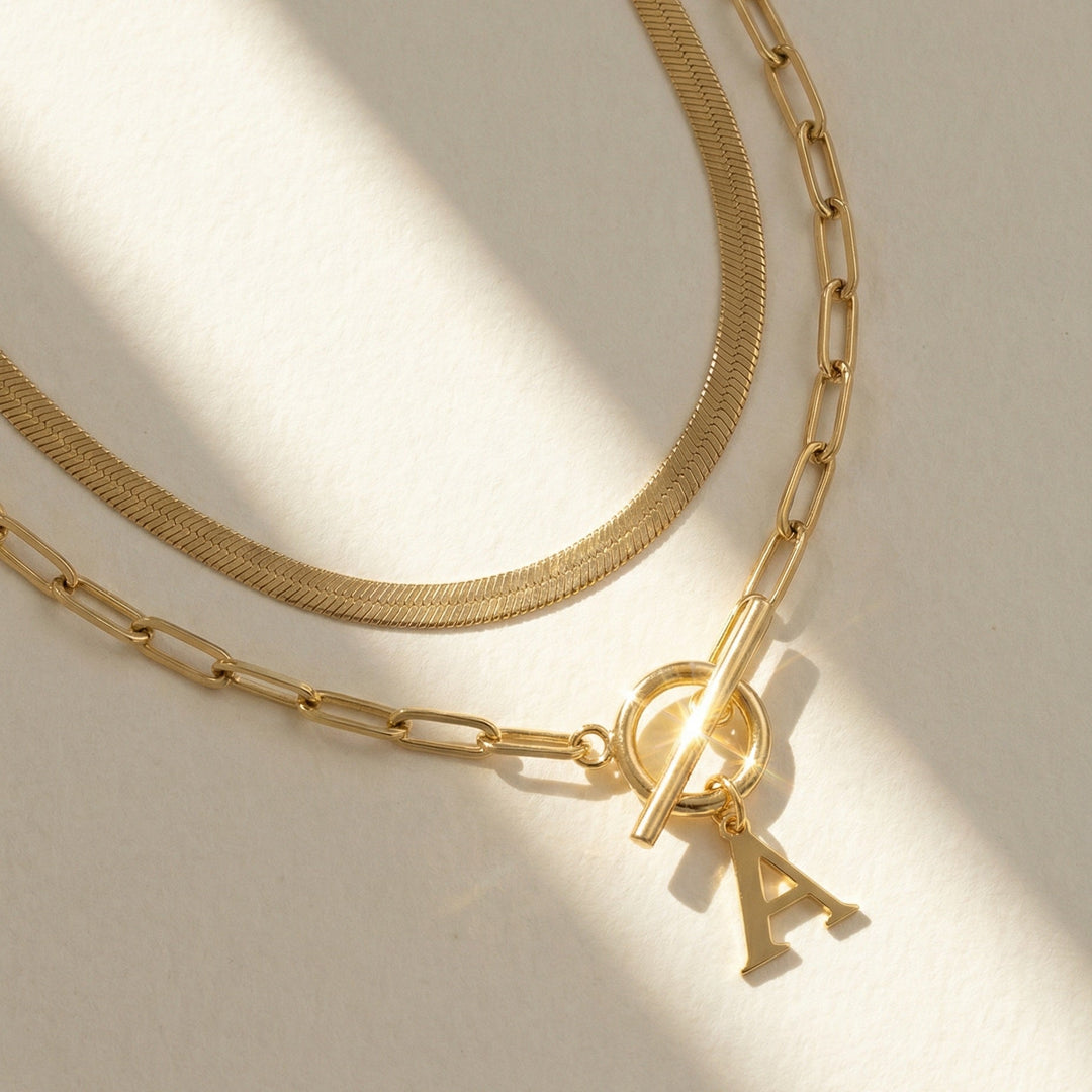 2pc Paperclip Initial Toggle Clasp & Herringbone Necklace Set