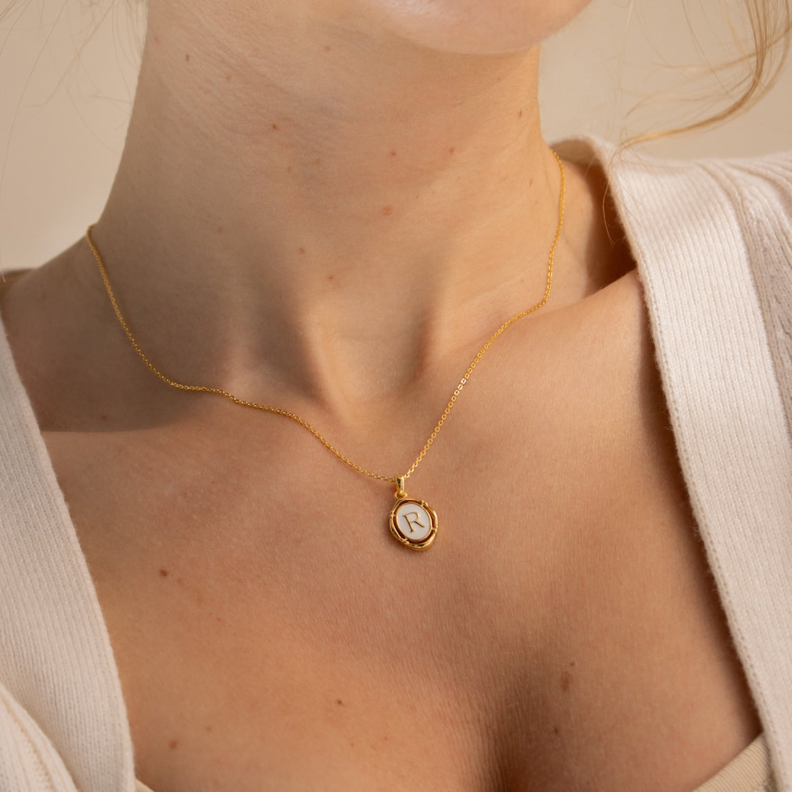 Initial pendant necklace white enamel and gold