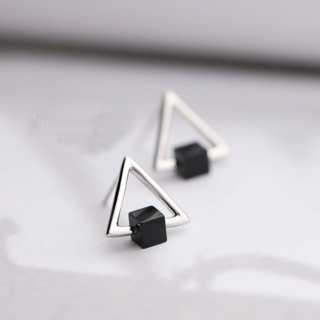 Geometric Triangle Black Cube Earrings