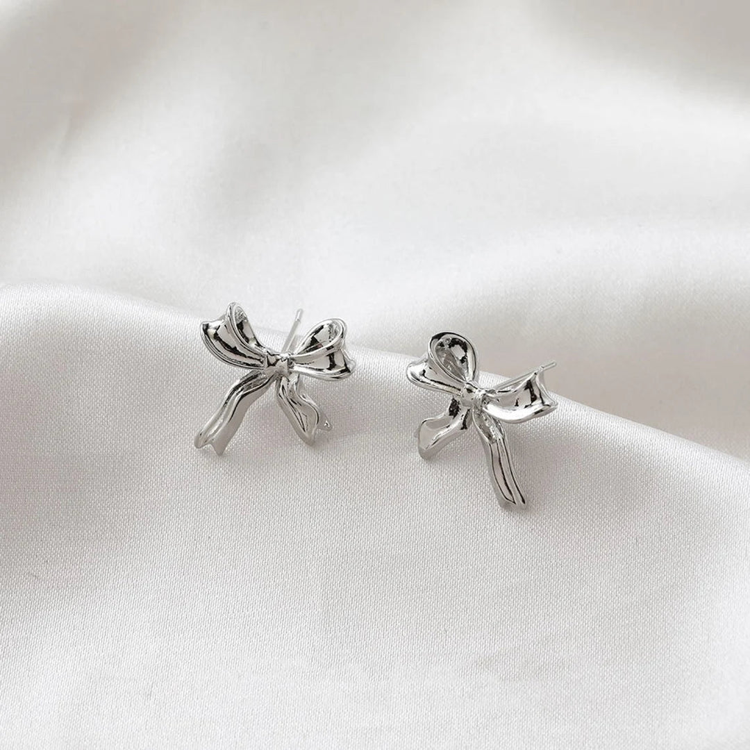 White Gold Bow Earrings Bow Pattern Stud Earrings