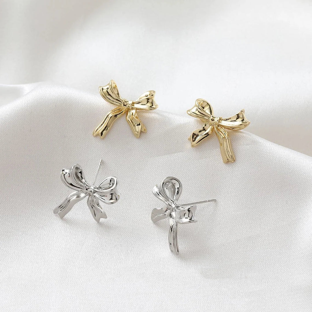 White Gold Bow Earrings Bow Pattern Stud Earrings