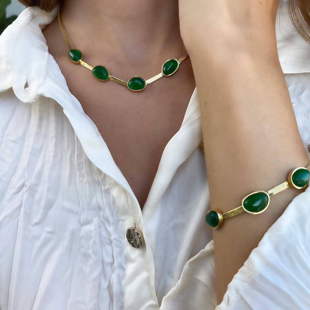 Vintage Jade Stone Inlay Choker and Bracelet Set
