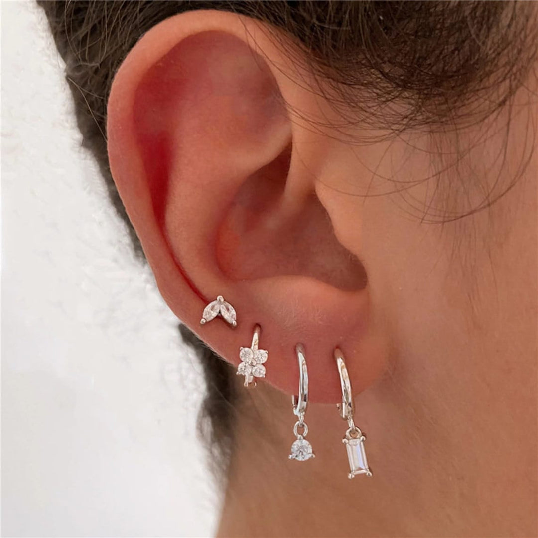 4 Piece Earring Set Geometric Marquise Flower Zirconia