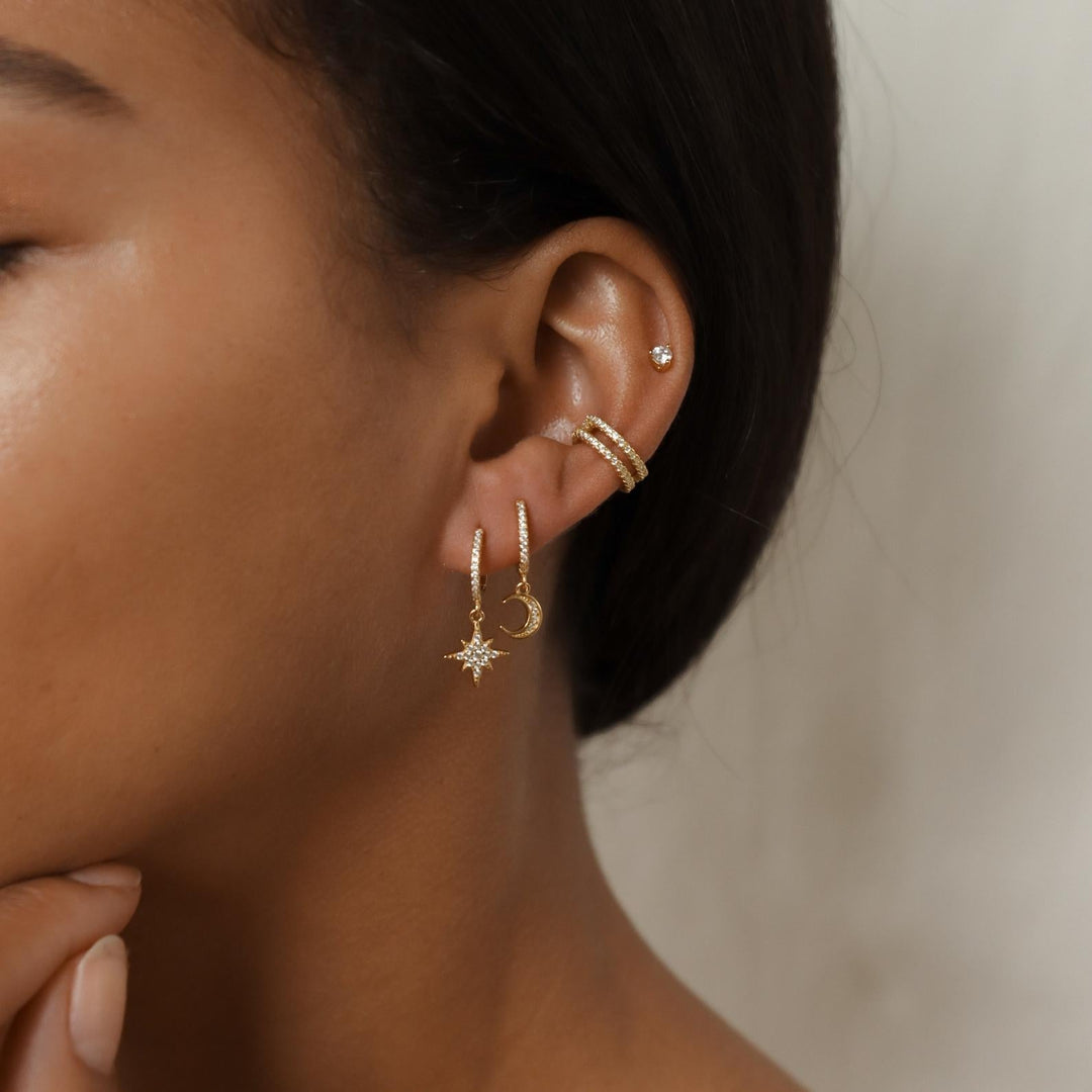 Star & Moon Earrings Inlay Rhinestone Huggies