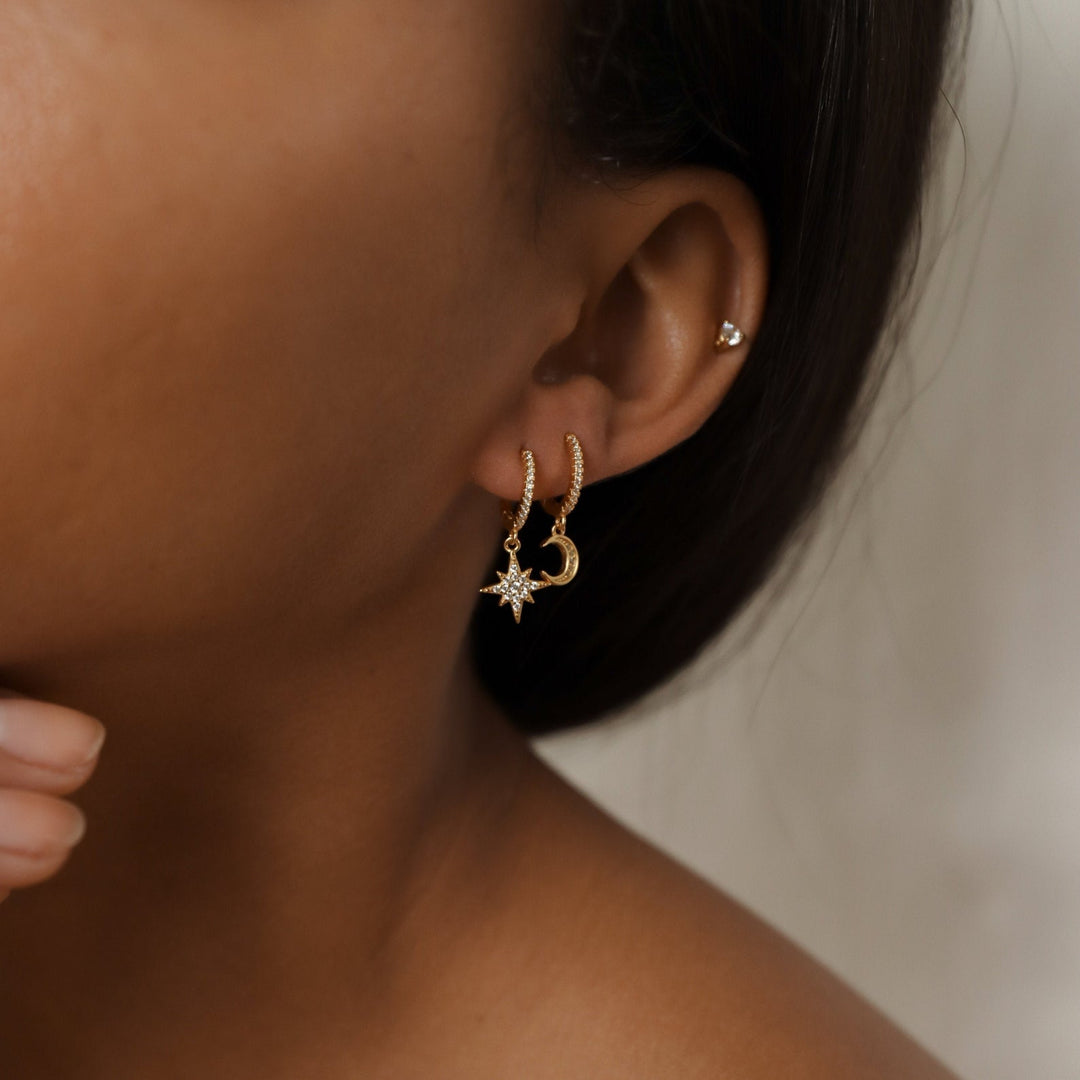 Star & Moon Earrings Inlay Rhinestone Huggies