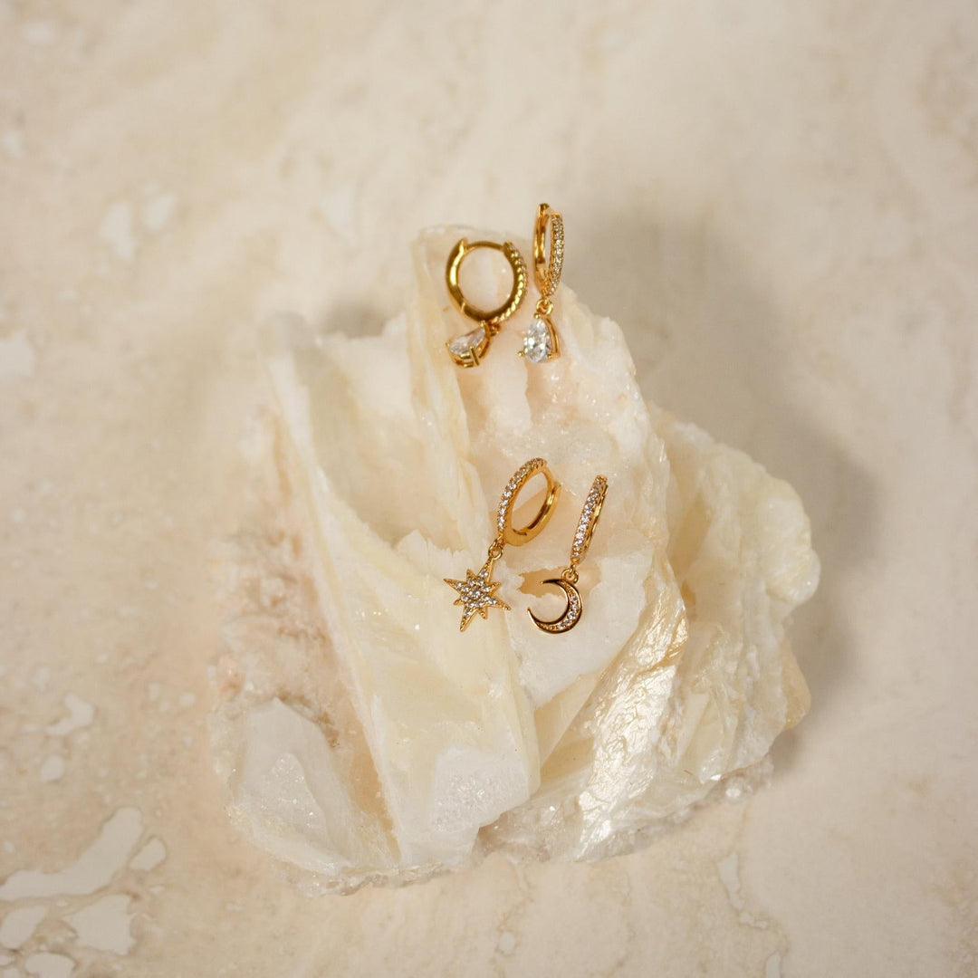 Star & Moon Earrings Inlay Rhinestone Huggies
