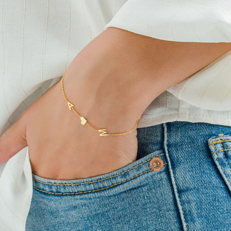 Double Initial Heart Bracelet Double Love Heart Bracelet