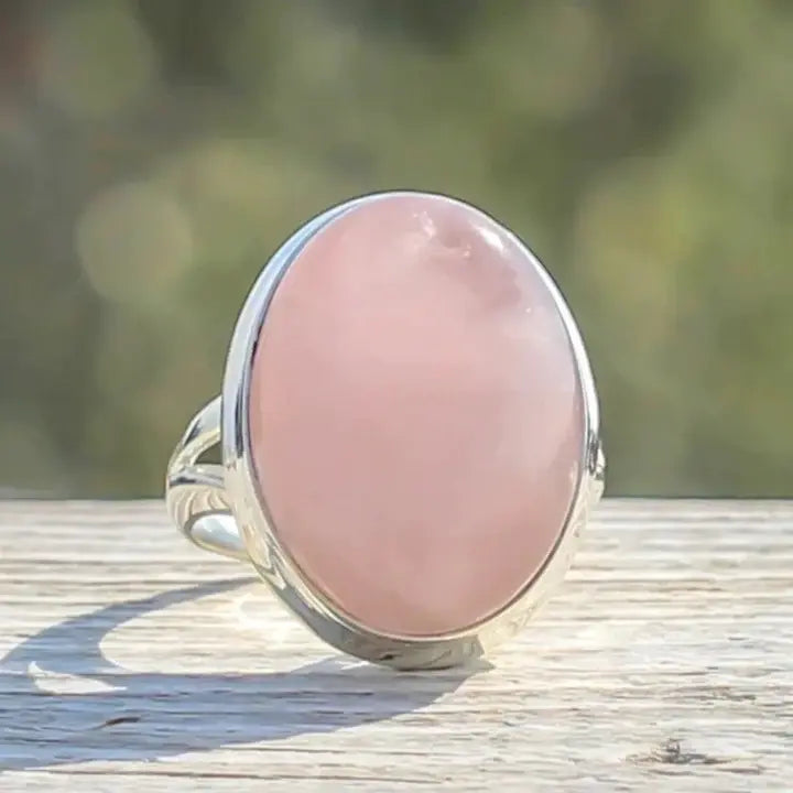 Bold rose quartz vintage ring in sterling silver