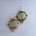 Load image into Gallery viewer, Classic Green Pearl Vintage Earrings pair of gold earrings with green gemstones and pearl accents on a light gray background.
