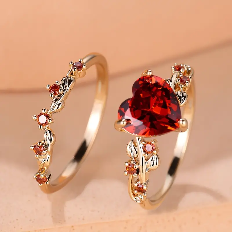 Elegant Ruby Heart Ring Set