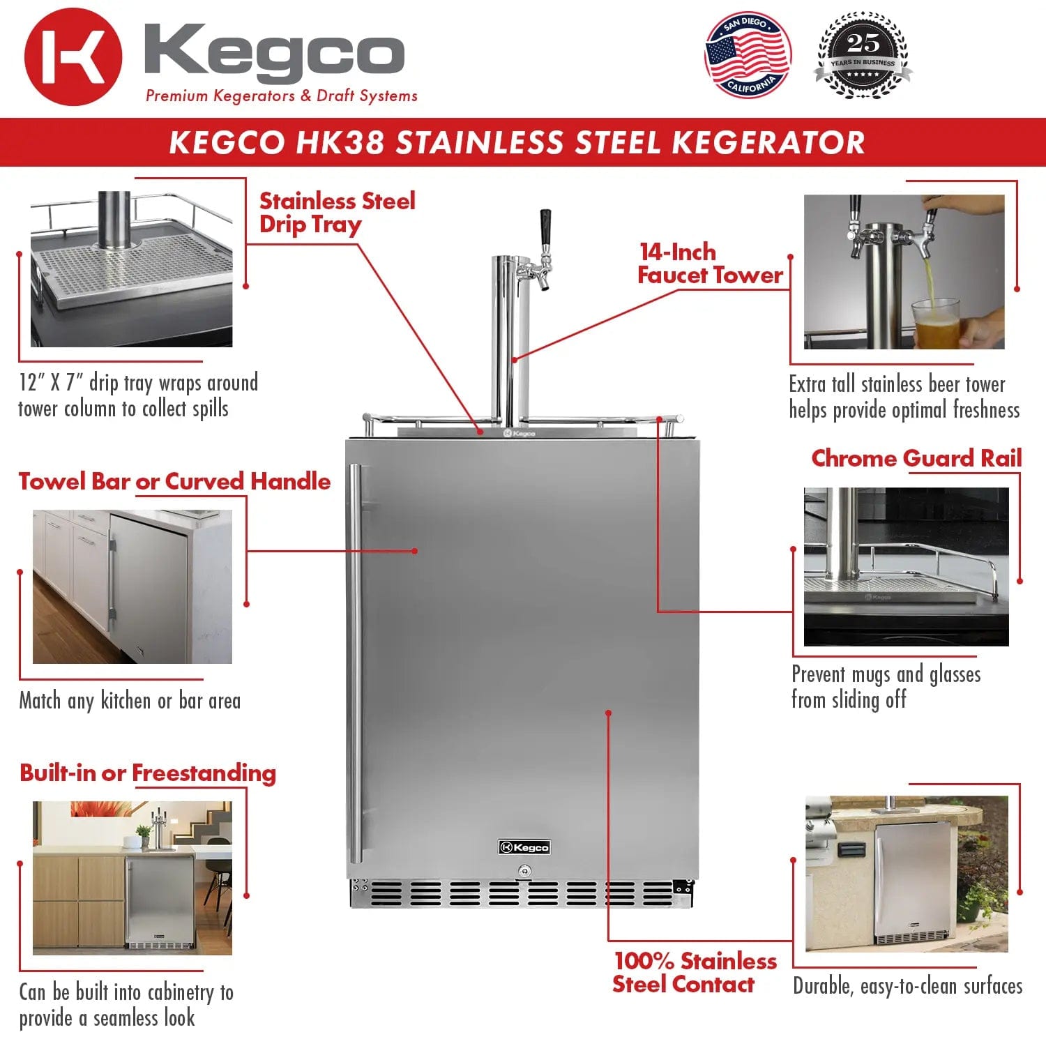 KEGCO Kegerator KEGCO 24" Wide Stainless Steel Built-in Digital Left Kegerator with Kit- HK38BSUL