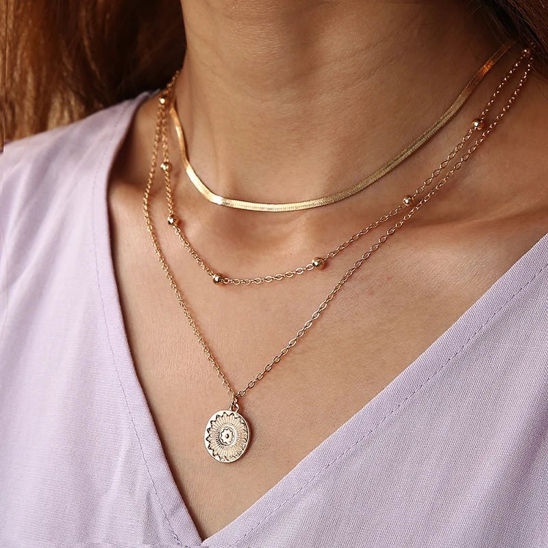 Layered floral pendant herringbone & dainty necklaces stack